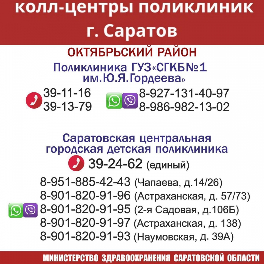 Саратовский минздрав опубликовал телефоны колл-центров городских поликлиник