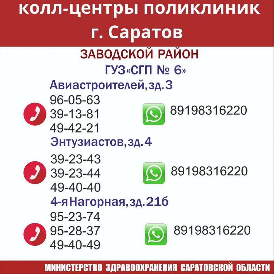 Саратовский минздрав опубликовал телефоны колл-центров городских поликлиник